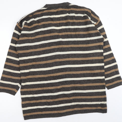 Tigi Womens Brown V-Neck Striped Acrylic Cardigan Jumper One Size