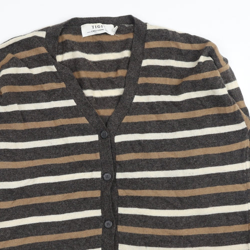Tigi Womens Brown V-Neck Striped Acrylic Cardigan Jumper One Size