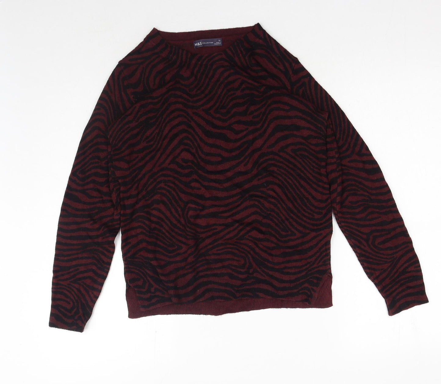 Marks and Spencer Womens Red Boat Neck Animal Print Acrylic Pullover Jumper Size 12 - Tiger Print