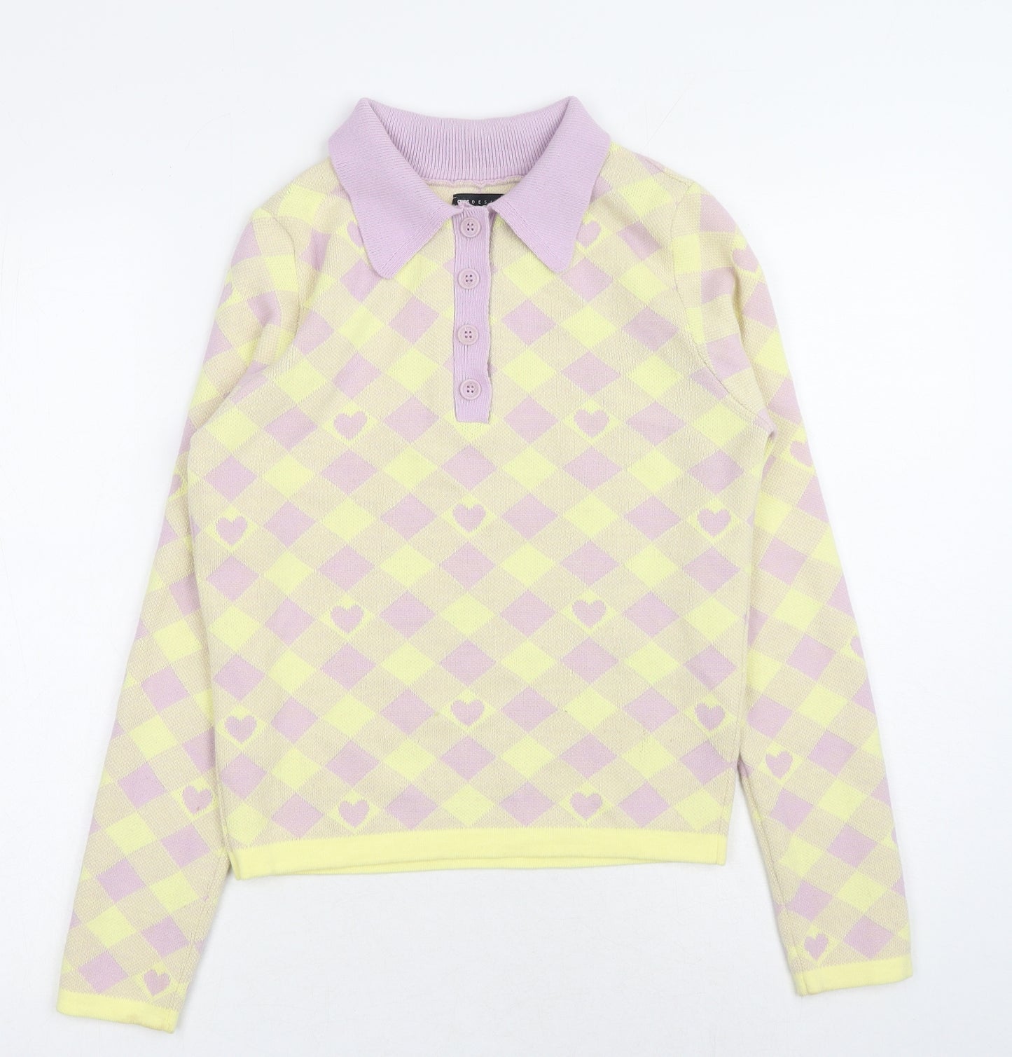 ASOS Womens Yellow Collared Check Acrylic Pullover Jumper Size 8 - Heart Print