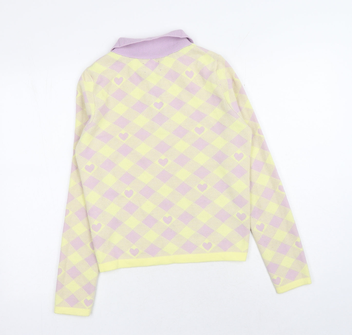 ASOS Womens Yellow Collared Check Acrylic Pullover Jumper Size 8 - Heart Print