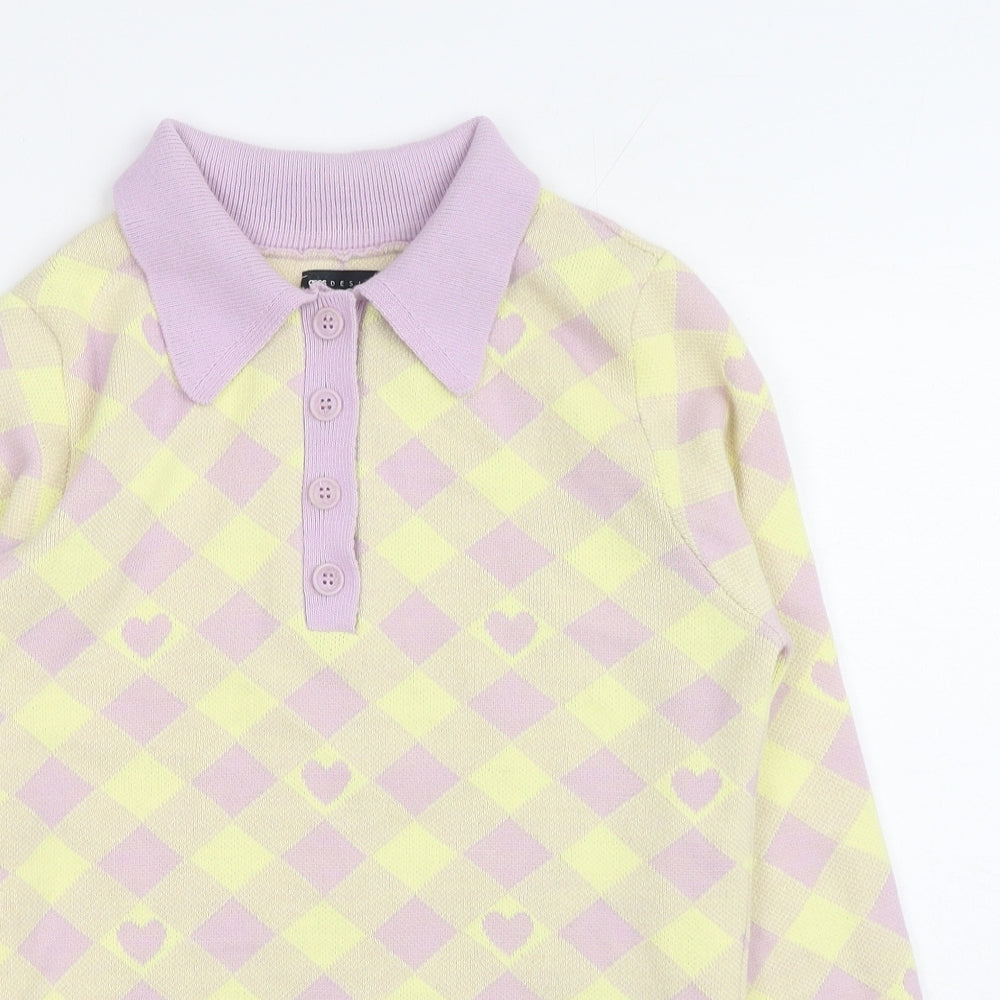 ASOS Womens Yellow Collared Check Acrylic Pullover Jumper Size 8 - Heart Print