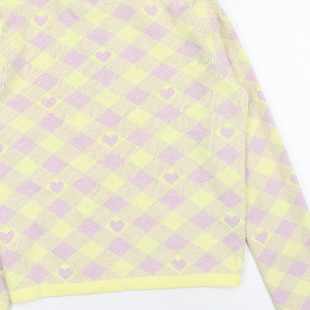 ASOS Womens Yellow Collared Check Acrylic Pullover Jumper Size 8 - Heart Print
