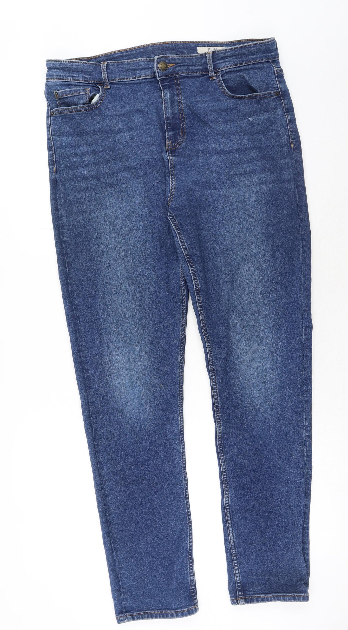Marks and Spencer Womens Blue Cotton Tapered Jeans Size 16 Regular Button