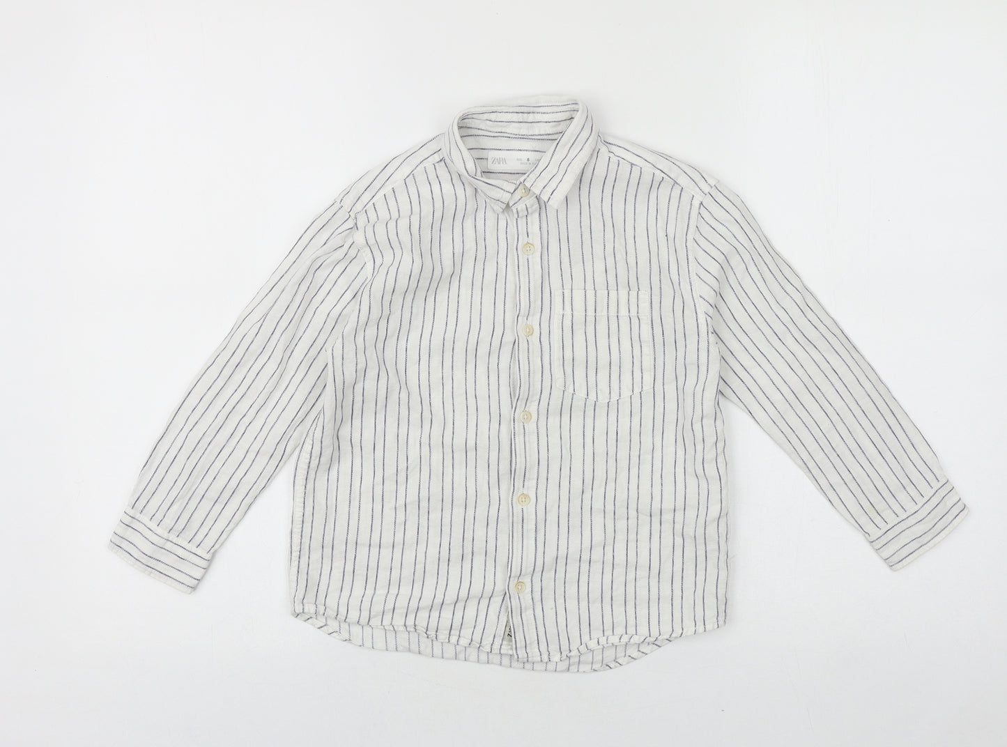 Zara Girls White Striped 100% Cotton Basic Button-Up Size 6 Years Collared Button