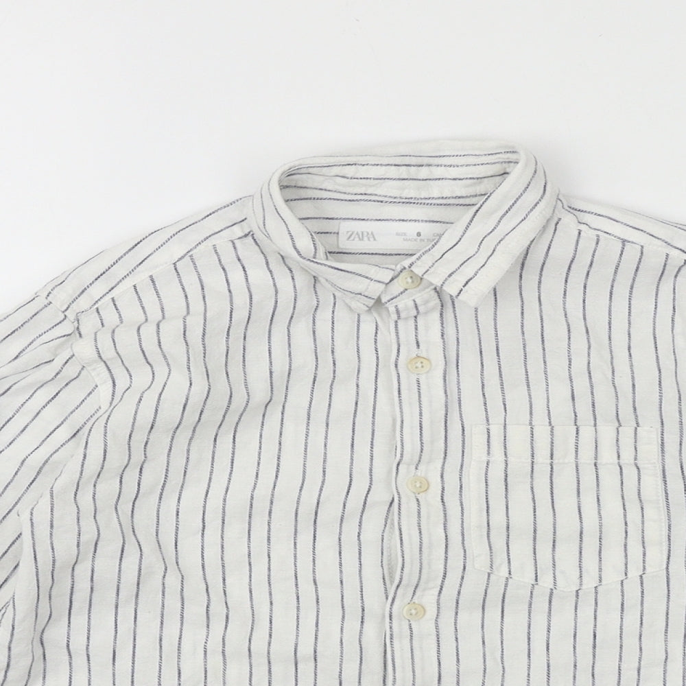 Zara Girls White Striped 100% Cotton Basic Button-Up Size 6 Years Collared Button