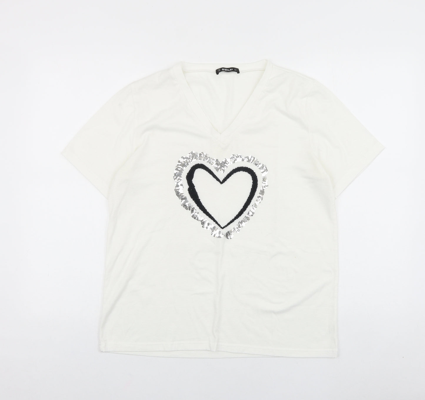 SHEILAY Womens White Viscose Basic T-Shirt Size S V-Neck - Heart Print