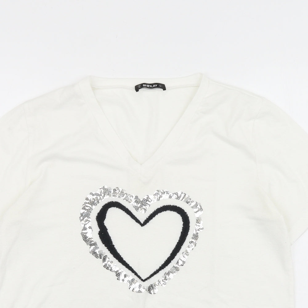 SHEILAY Womens White Viscose Basic T-Shirt Size S V-Neck - Heart Print