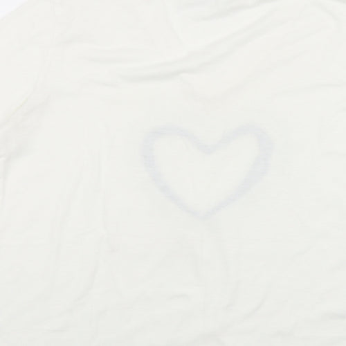 SHEILAY Womens White Viscose Basic T-Shirt Size S V-Neck - Heart Print