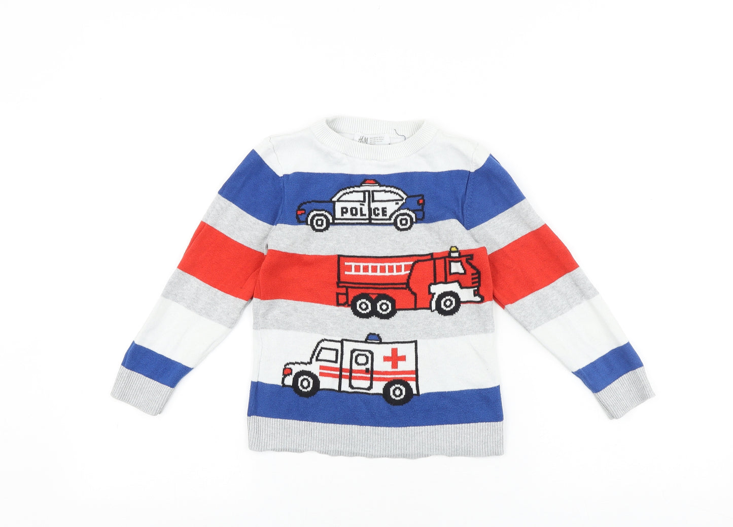 H&M Boys Multicoloured Round Neck Striped Cotton Pullover Jumper Size 4-5 Years Pullover - Fire Truck