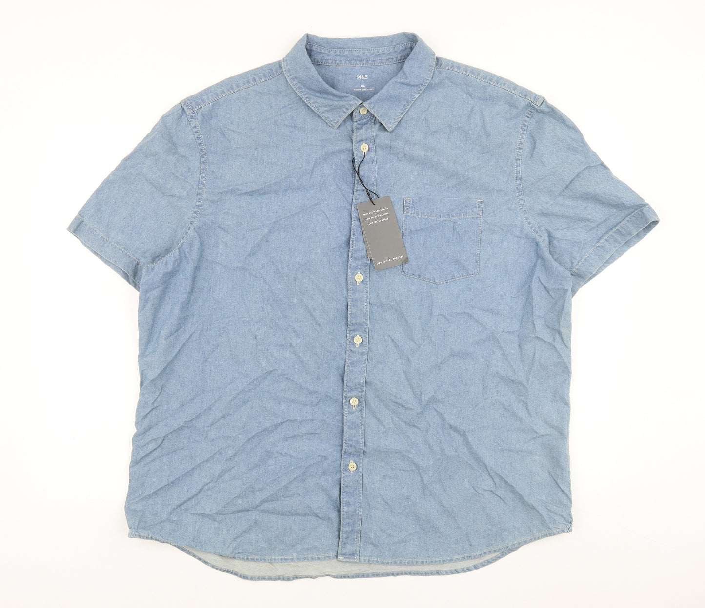 Marks and Spencer Mens Blue Cotton Button-Up Size 2XL Collared Button