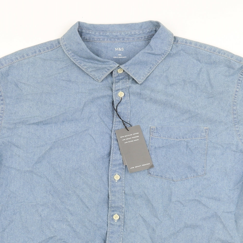 Marks and Spencer Mens Blue Cotton Button-Up Size 2XL Collared Button