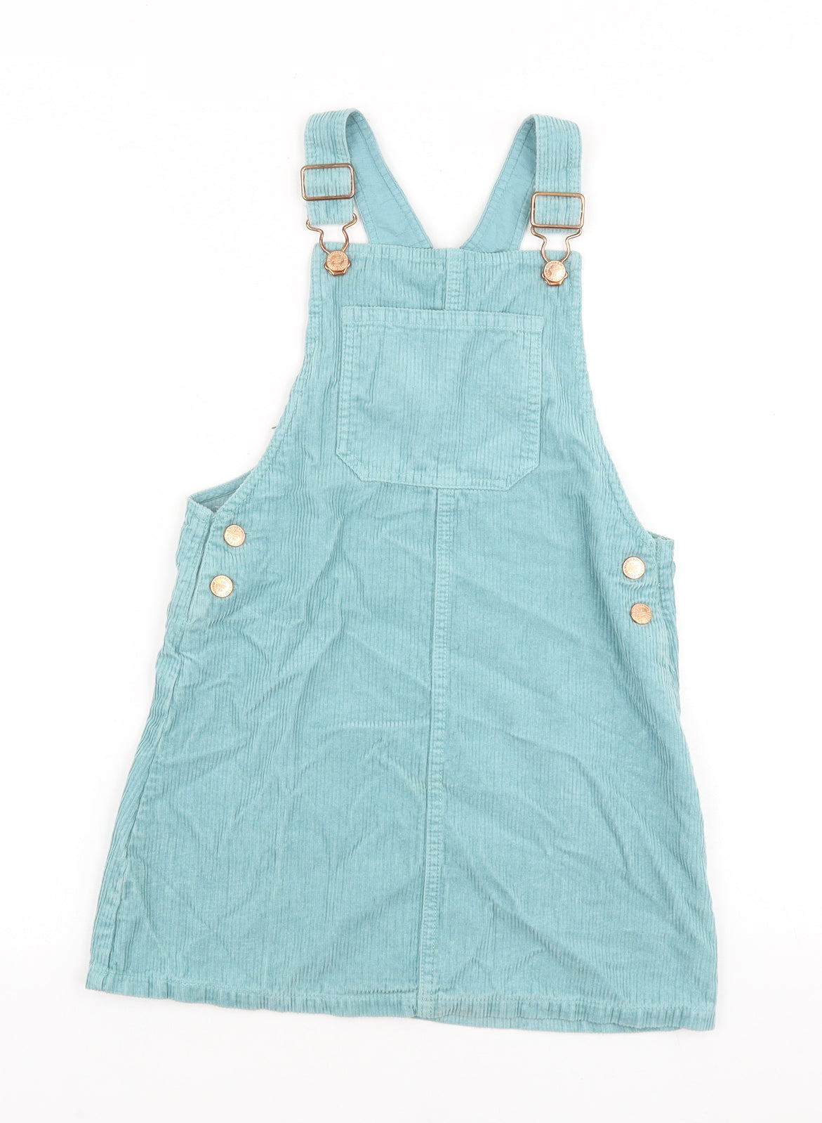 Marks and Spencer Girls Blue 100% Cotton Pinafore/Dungaree Dress Size 8-9 Years Square Neck Buckle