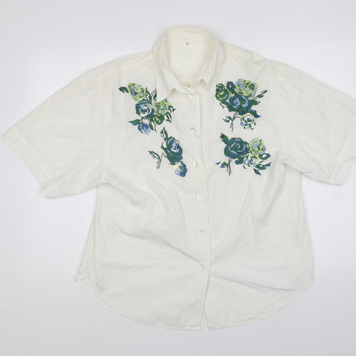 Preworn Womens Ivory Polyester Basic Button-Up Size 12 Collared - Flower Motif