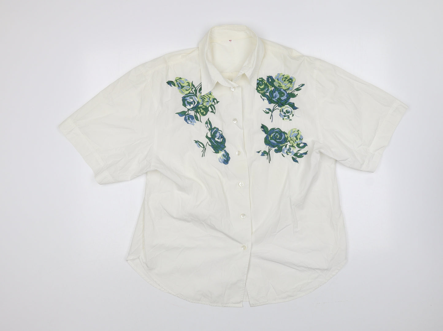 Preworn Womens Ivory Polyester Basic Button-Up Size 12 Collared - Flower Motif