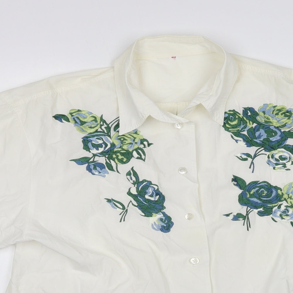 Preworn Womens Ivory Polyester Basic Button-Up Size 12 Collared - Flower Motif