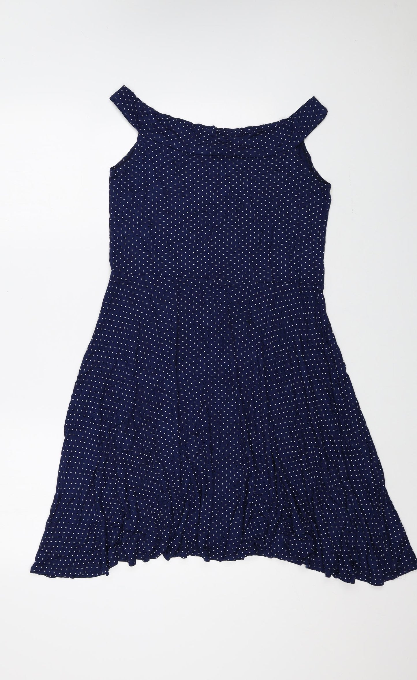 TU Womens Blue Polka Dot Polyester Fit & Flare Size 14 Off the Shoulder Pullover