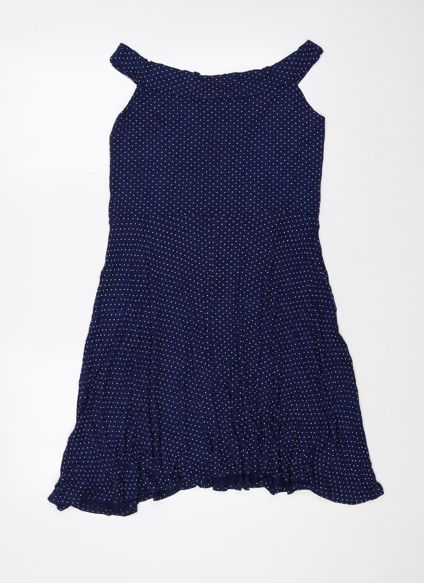 TU Womens Blue Polka Dot Polyester Fit & Flare Size 14 Off the Shoulder Pullover