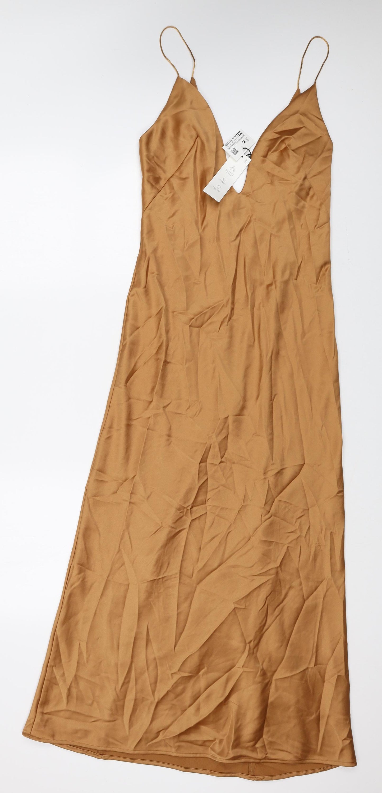 Zara Womens Gold Polyester Slip Dress Size XS V-Neck Pullover
