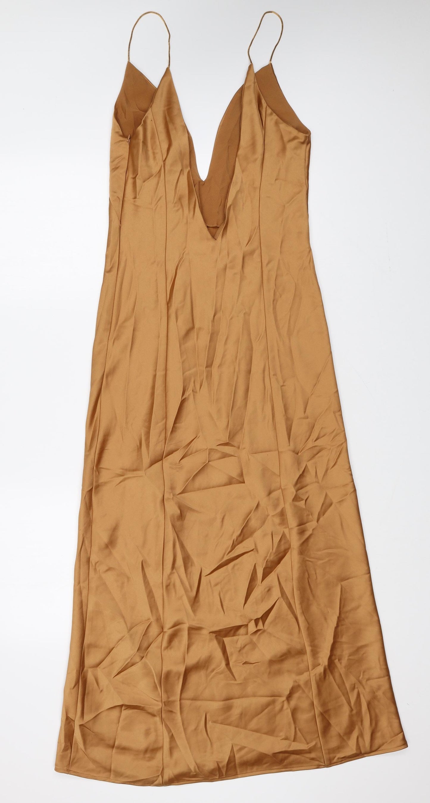 Zara Womens Gold Polyester Slip Dress Size XS V-Neck Pullover