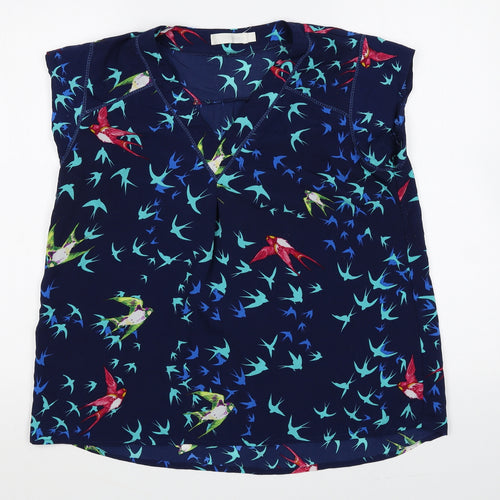Flamant Rose Womens Blue Geometric Polyester Basic T-Shirt Size L V-Neck - Bird Pattern