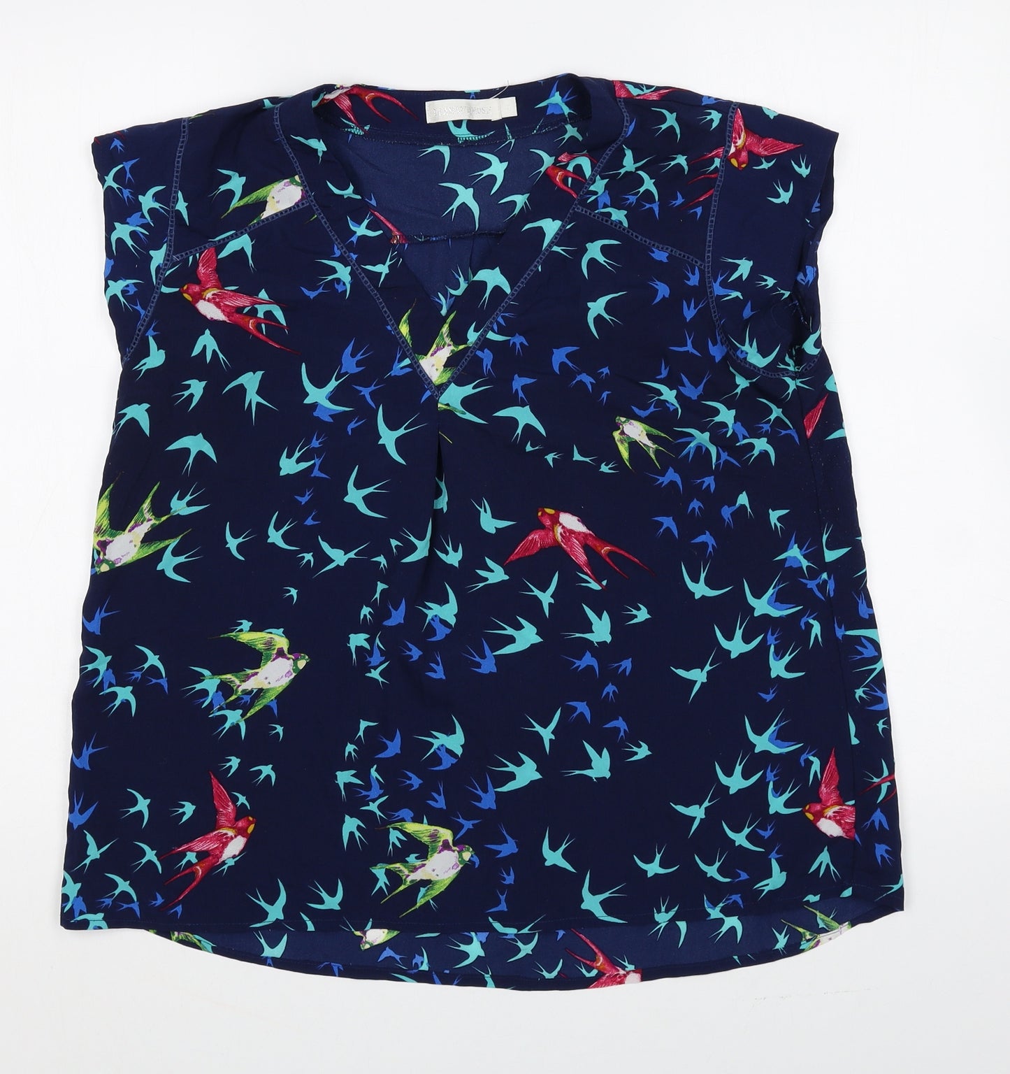 Flamant Rose Womens Blue Geometric Polyester Basic T-Shirt Size L V-Neck - Bird Pattern