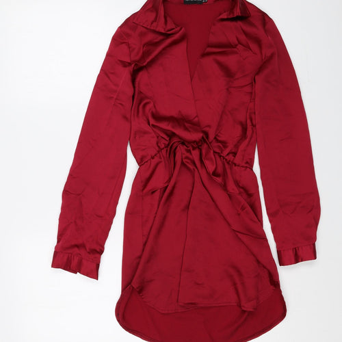 PRETTYLITTLETHING Womens Red Polyester Shirt Dress Size 6 Collared Pullover