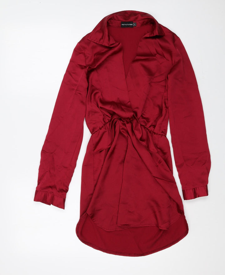 PRETTYLITTLETHING Womens Red Polyester Shirt Dress Size 6 Collared Pullover