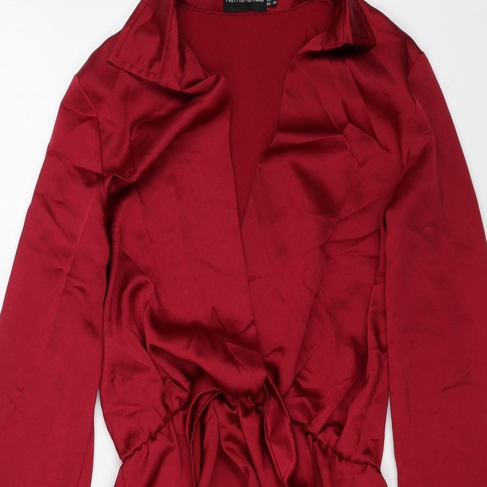 PRETTYLITTLETHING Womens Red Polyester Shirt Dress Size 6 Collared Pullover