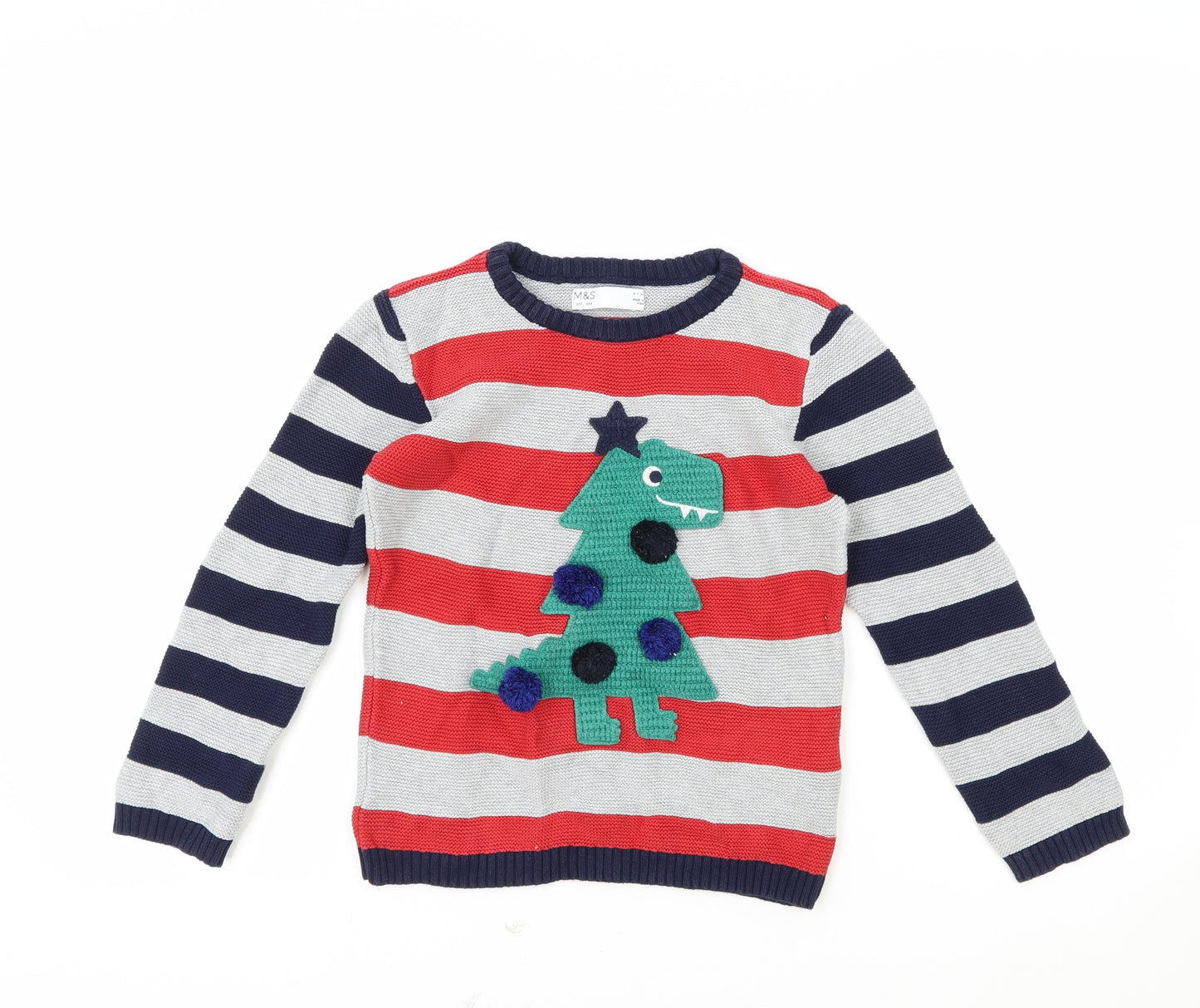 Marks and Spencer Boys Multicoloured Round Neck Striped Polyester Pullover Jumper Size 6-7 Years Pullover - Dinosaur Christmas