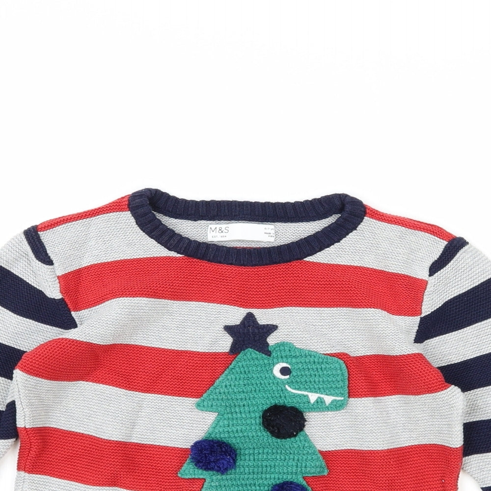 Marks and Spencer Boys Multicoloured Round Neck Striped Polyester Pullover Jumper Size 6-7 Years Pullover - Dinosaur Christmas