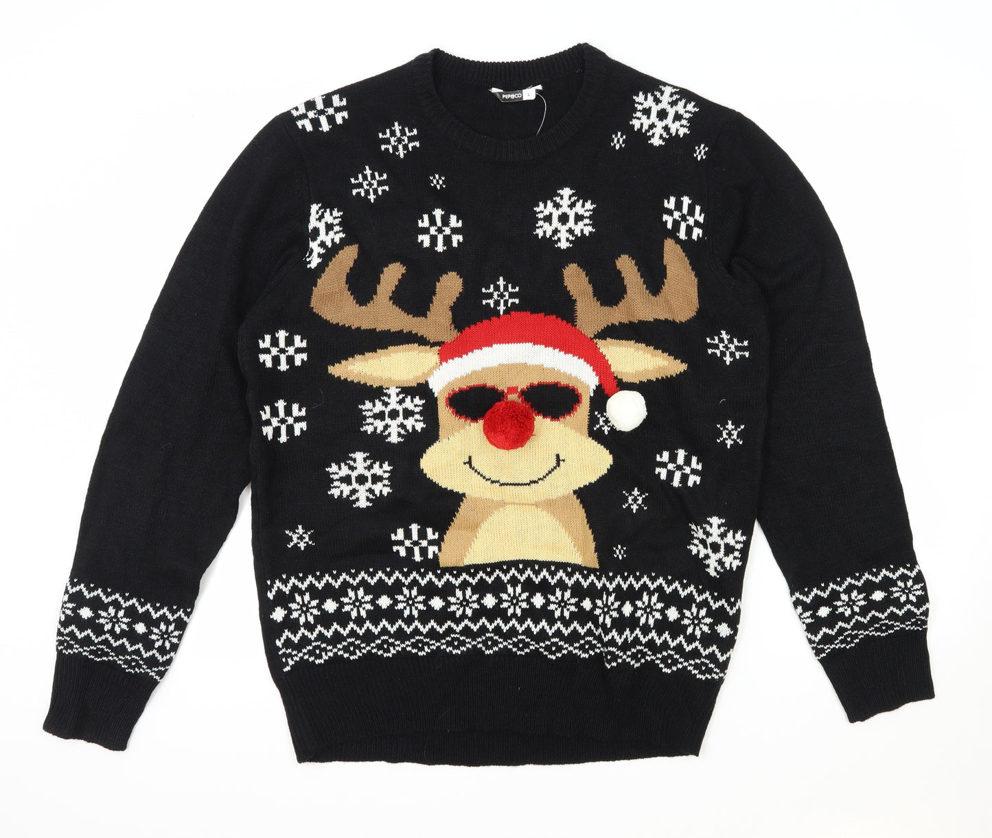 PEP&CO Mens Black Round Neck Polyester Pullover Jumper Size L - Christmas Reindeer