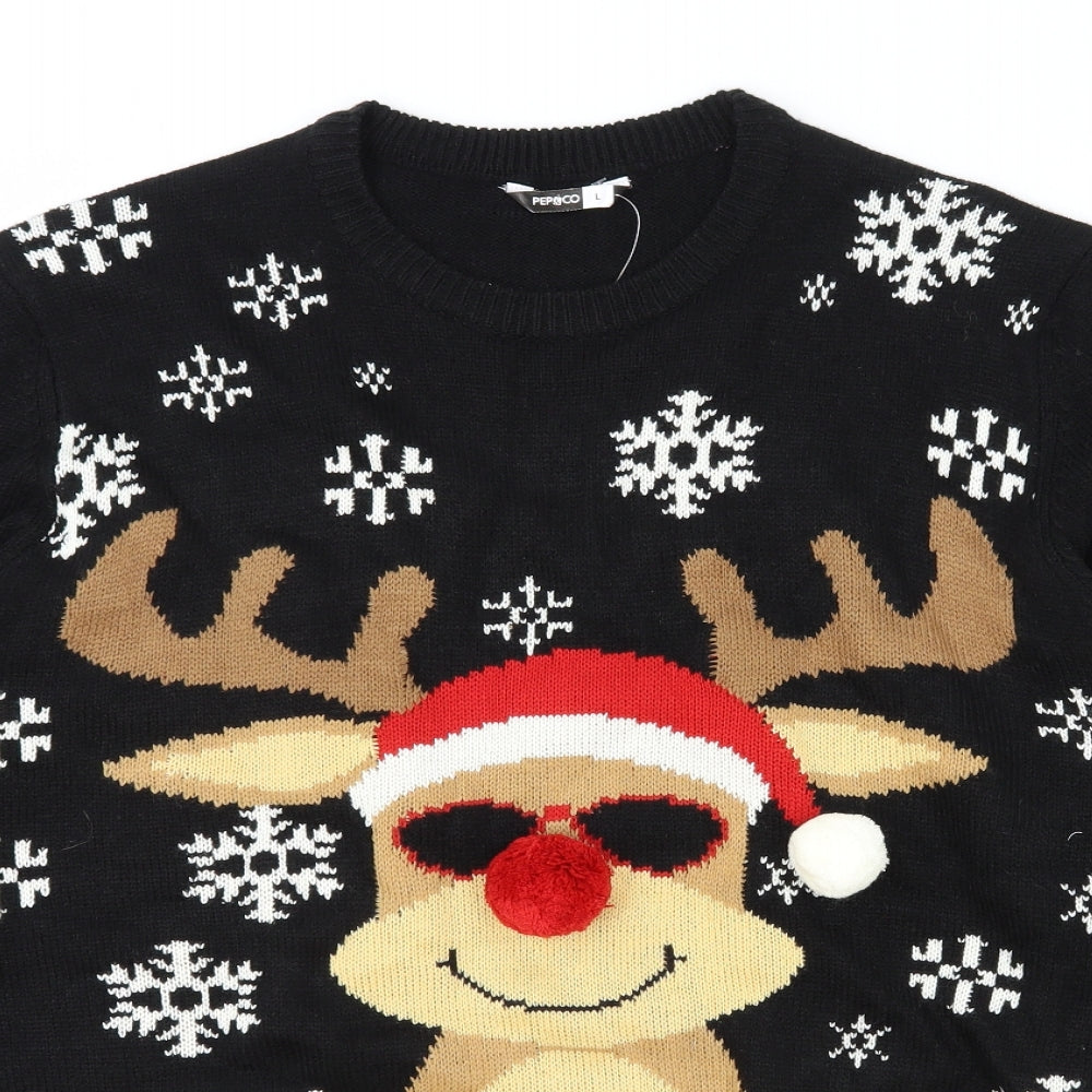 PEP&CO Mens Black Round Neck Polyester Pullover Jumper Size L - Christmas Reindeer