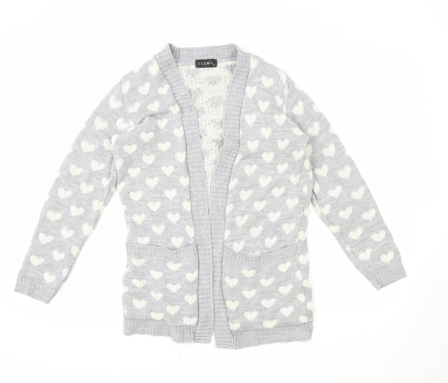Club L Womens Grey V-Neck Geometric Acrylic Cardigan Jumper Size 12 - Love heart