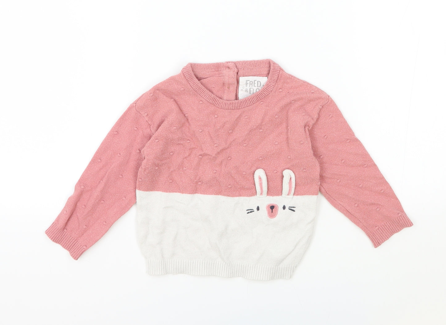 F&F Girls Pink Viscose Pullover Jumper Size 12-18 Months Button - Rabbit