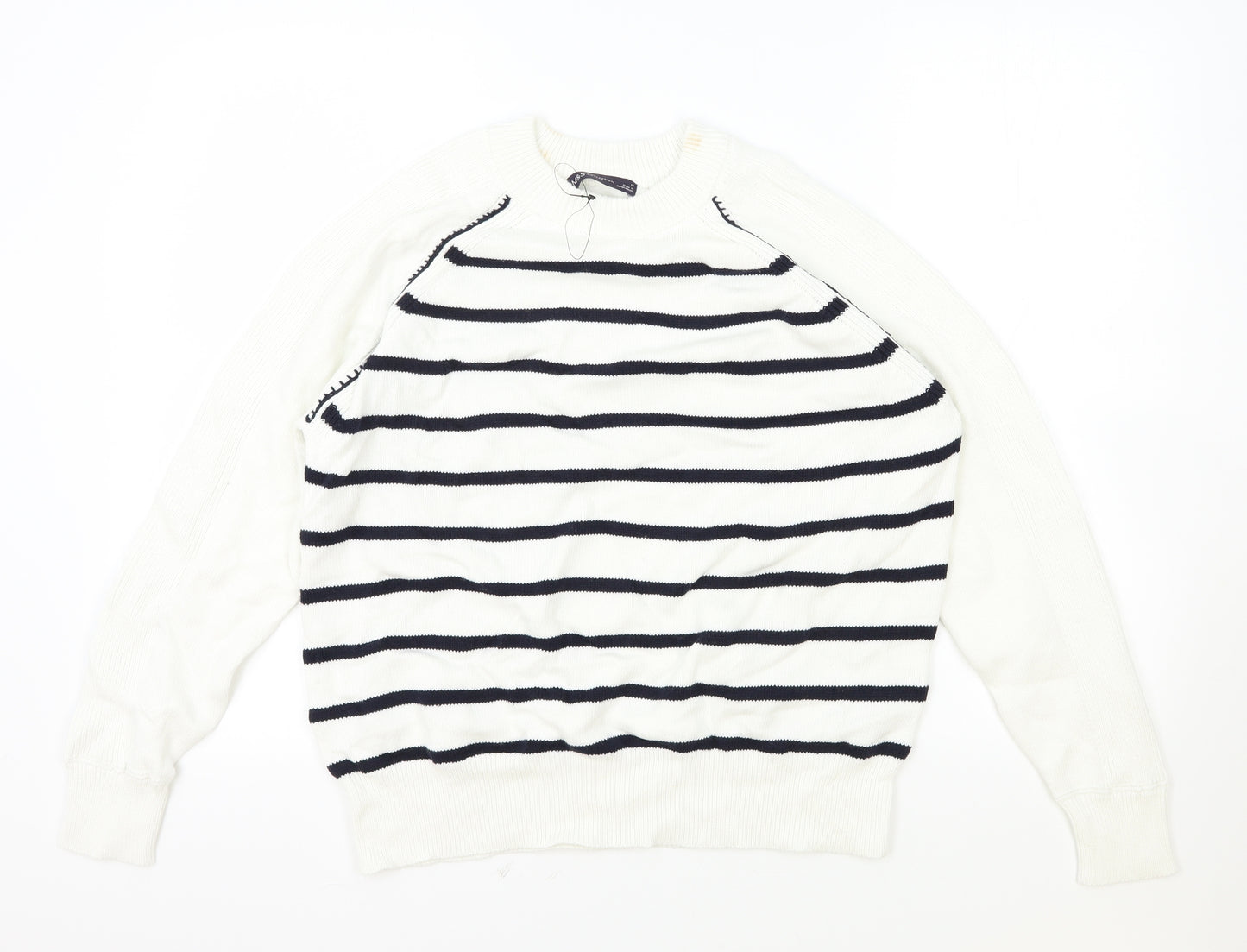 Marks and Spencer Womens White Round Neck Striped Cotton Pullover Jumper Size M