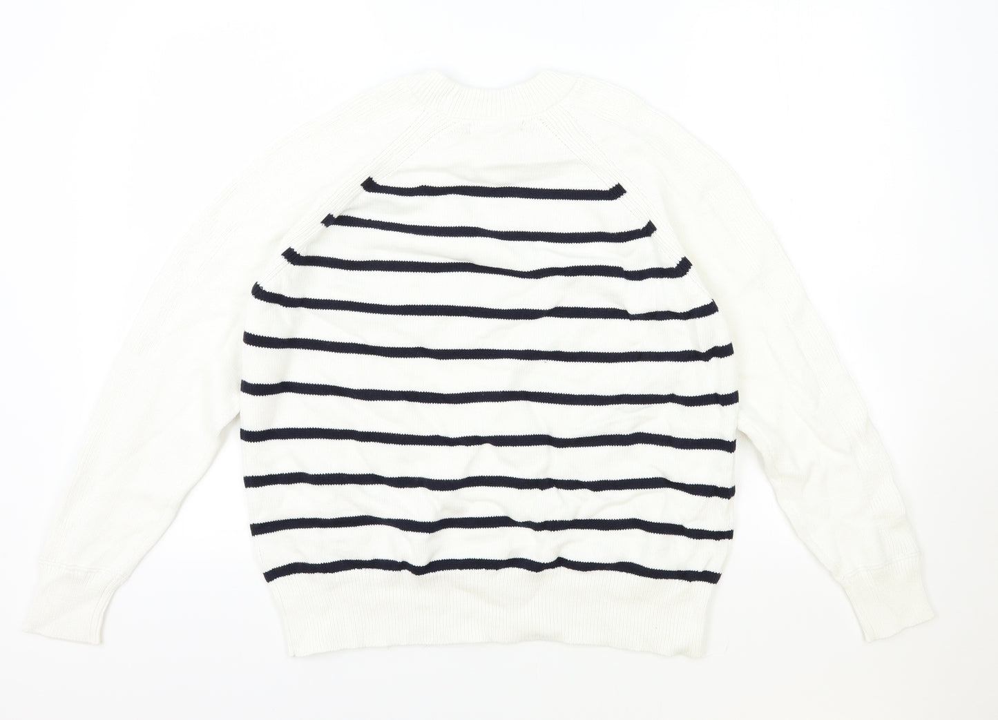 Marks and Spencer Womens White Round Neck Striped Cotton Pullover Jumper Size M
