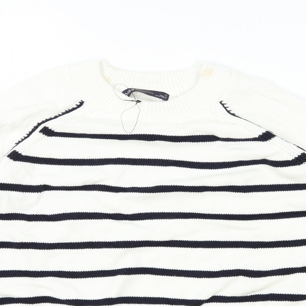 Marks and Spencer Womens White Round Neck Striped Cotton Pullover Jumper Size M