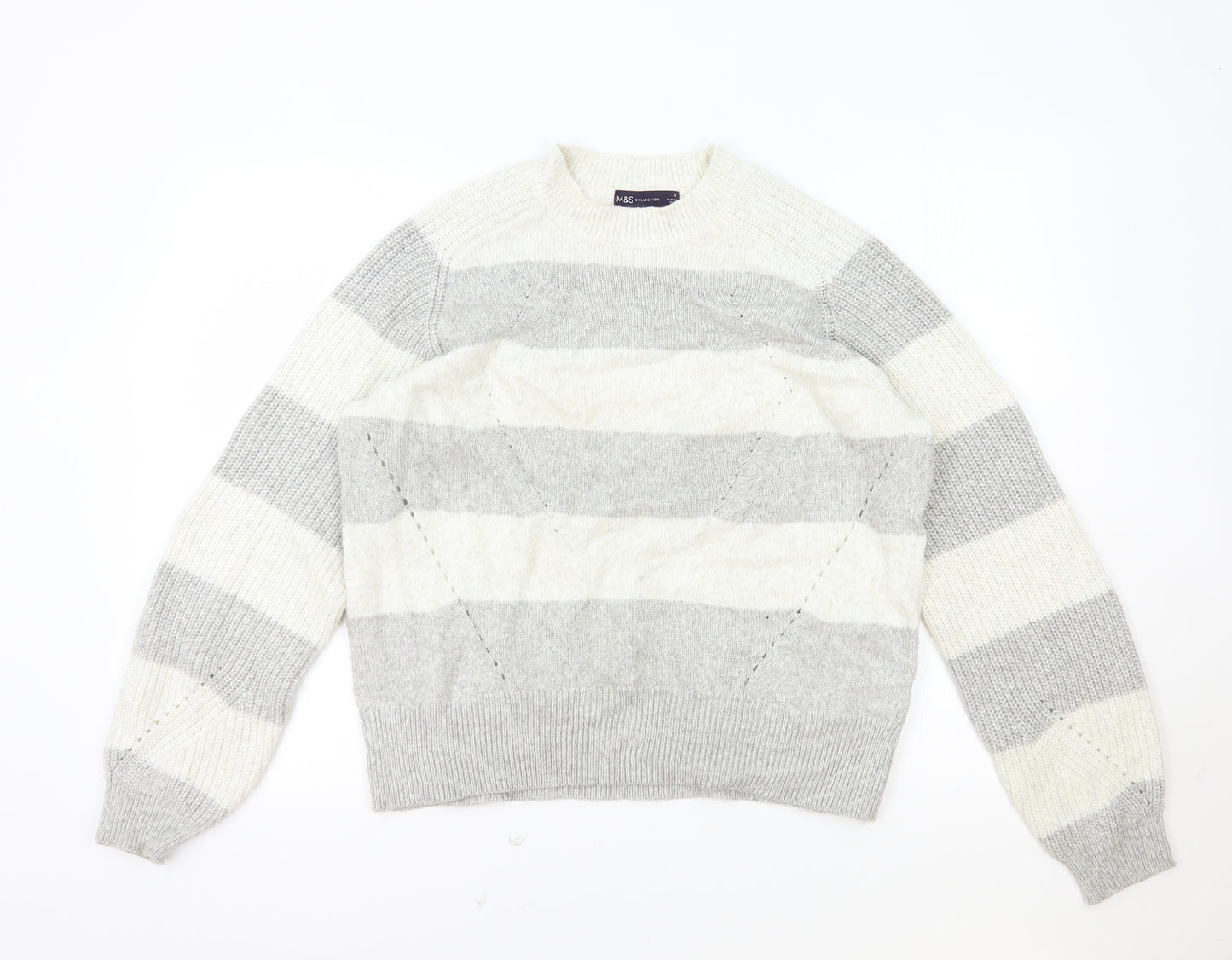 Marks and Spencer Womens Grey Round Neck Striped Polyester Pullover Jumper Size M