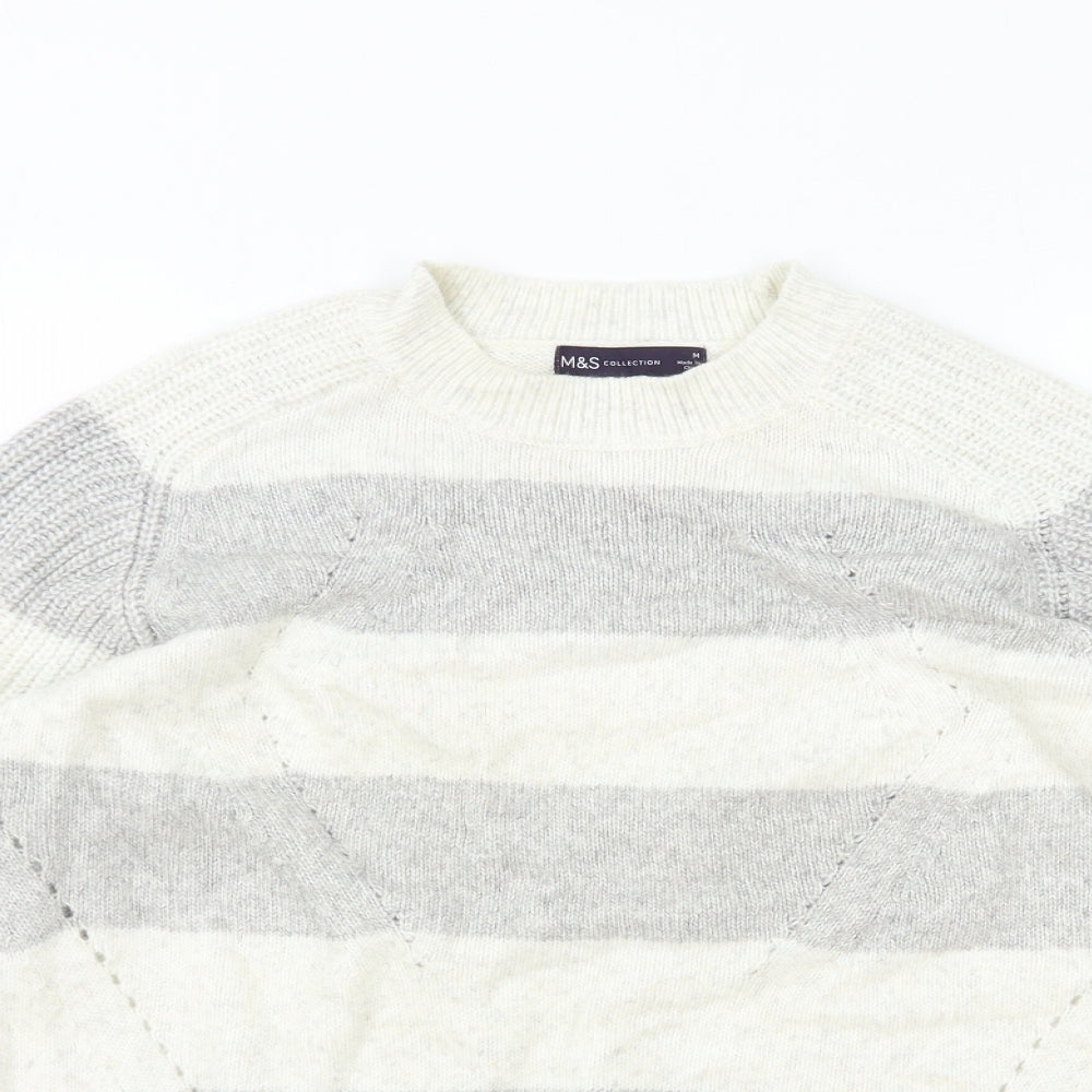 Marks and Spencer Womens Grey Round Neck Striped Polyester Pullover Jumper Size M
