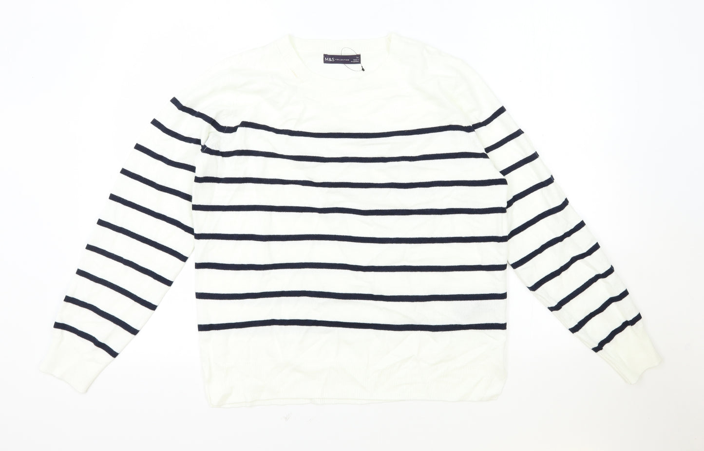 Marks and Spencer Womens White Round Neck Striped Acrylic Pullover Jumper Size 14