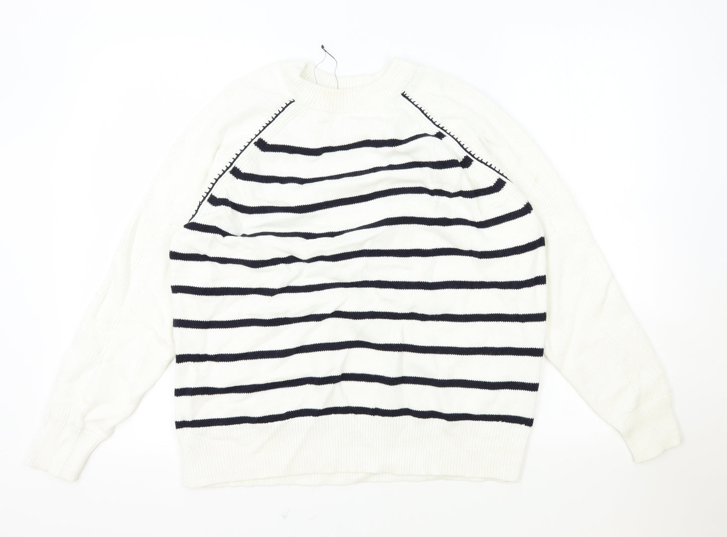 Marks and Spencer Womens White Round Neck Striped Cotton Pullover Jumper Size M