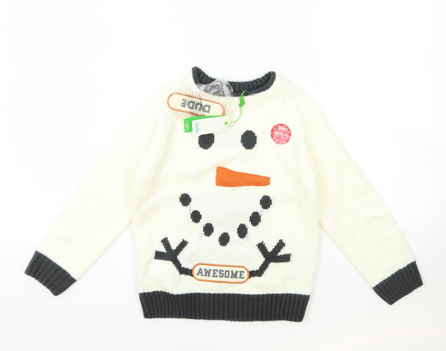 M&Co Boys White Round Neck Acrylic Pullover Jumper Size 4 Years Pullover - Christmas