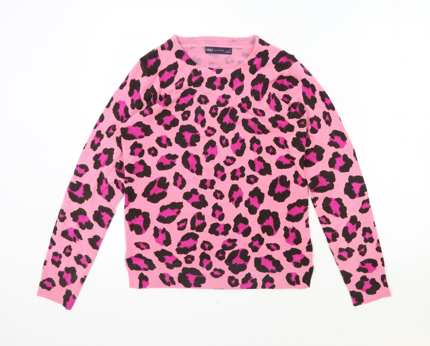 Marks and Spencer Womens Pink Scoop Neck Animal Print Acrylic Pullover Jumper Size 12 - Leopard Print