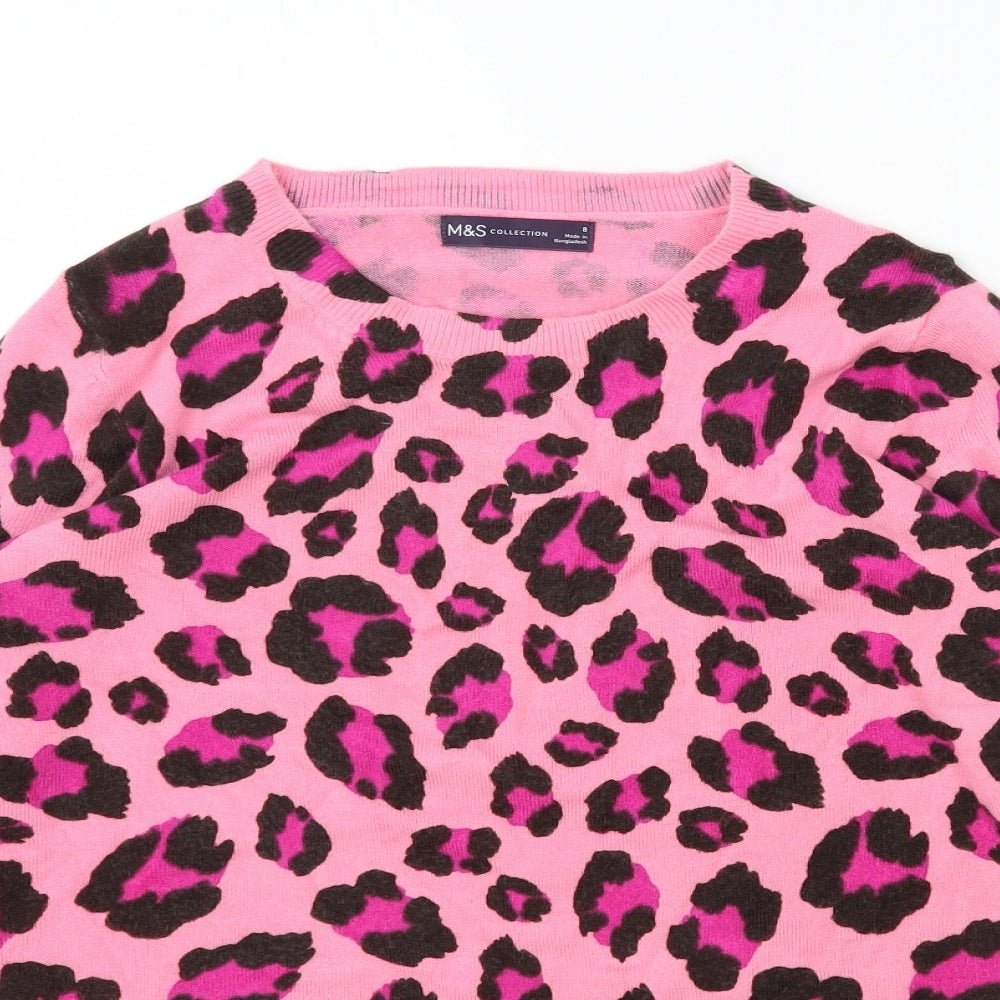 Marks and Spencer Womens Pink Scoop Neck Animal Print Acrylic Pullover Jumper Size 12 - Leopard Print