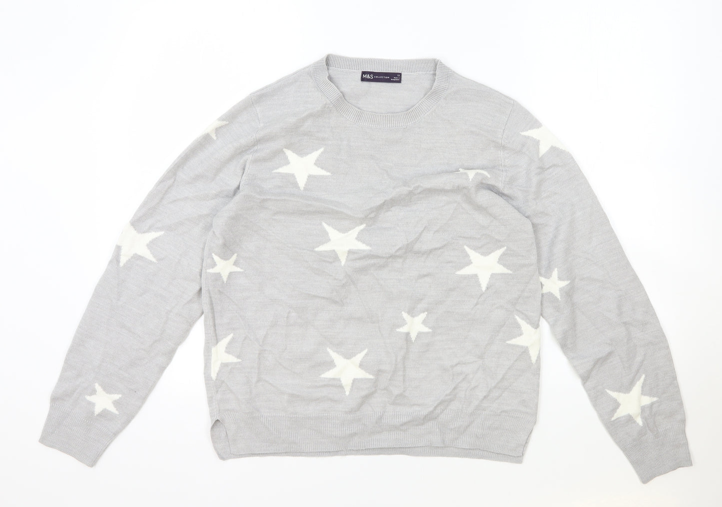 Marks and Spencer Womens Grey Scoop Neck Geometric Acrylic Pullover Jumper Size 12 - Stars