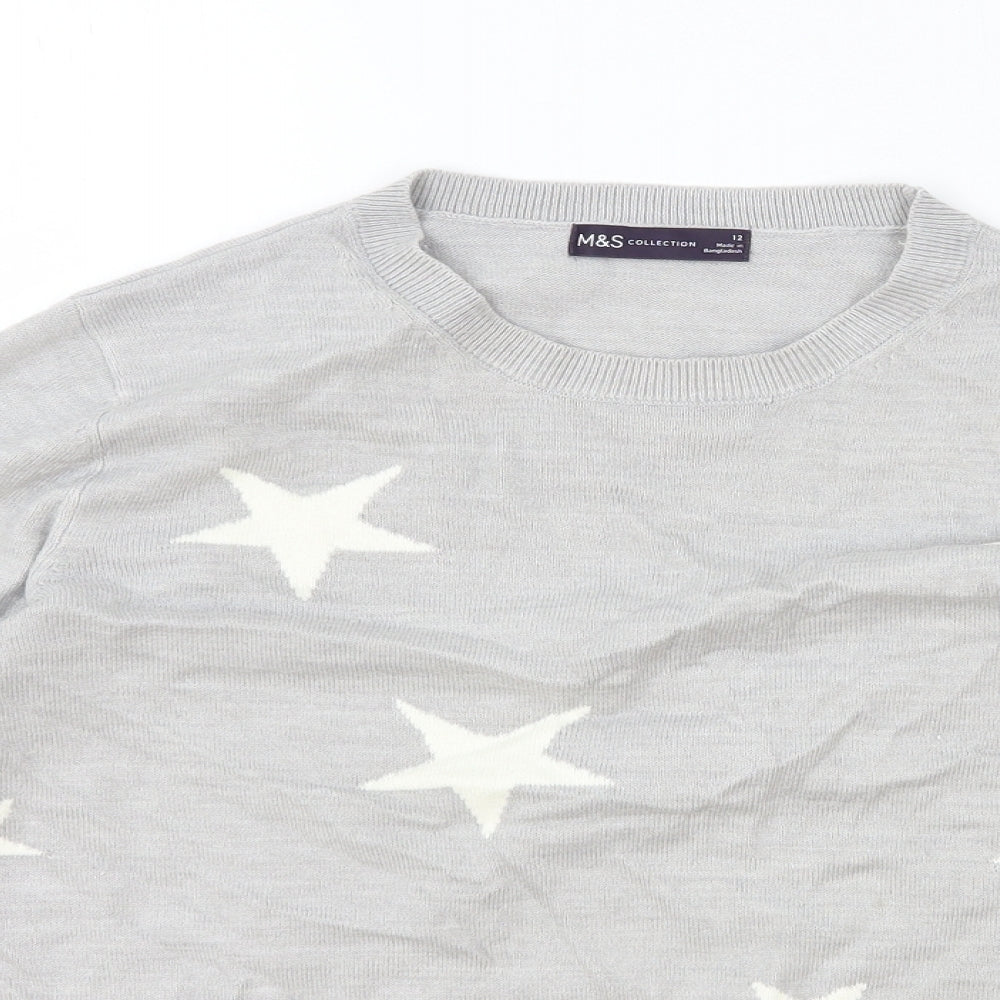 Marks and Spencer Womens Grey Scoop Neck Geometric Acrylic Pullover Jumper Size 12 - Stars