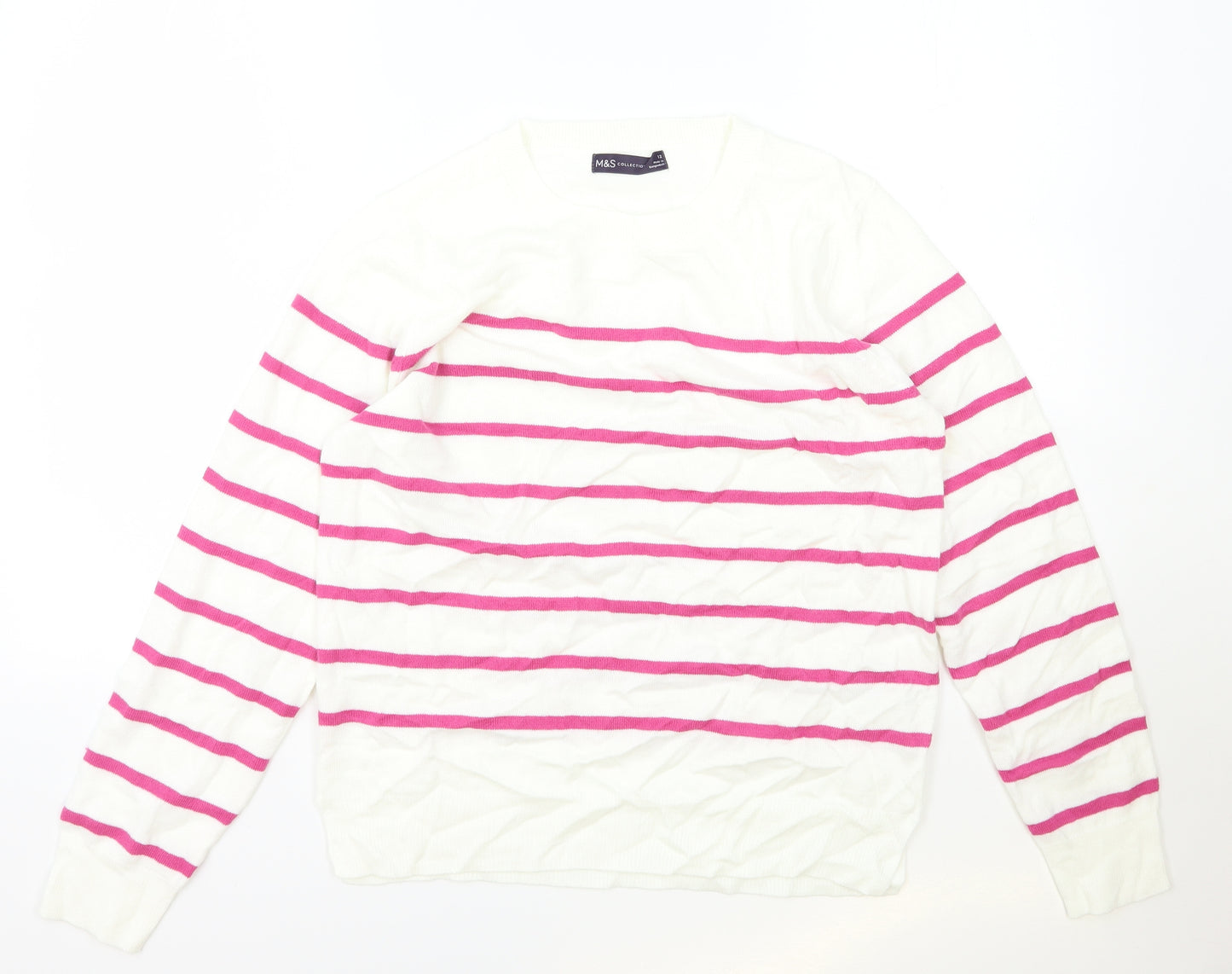 Marks and Spencer Womens White Scoop Neck Striped Acrylic Pullover Jumper Size 12