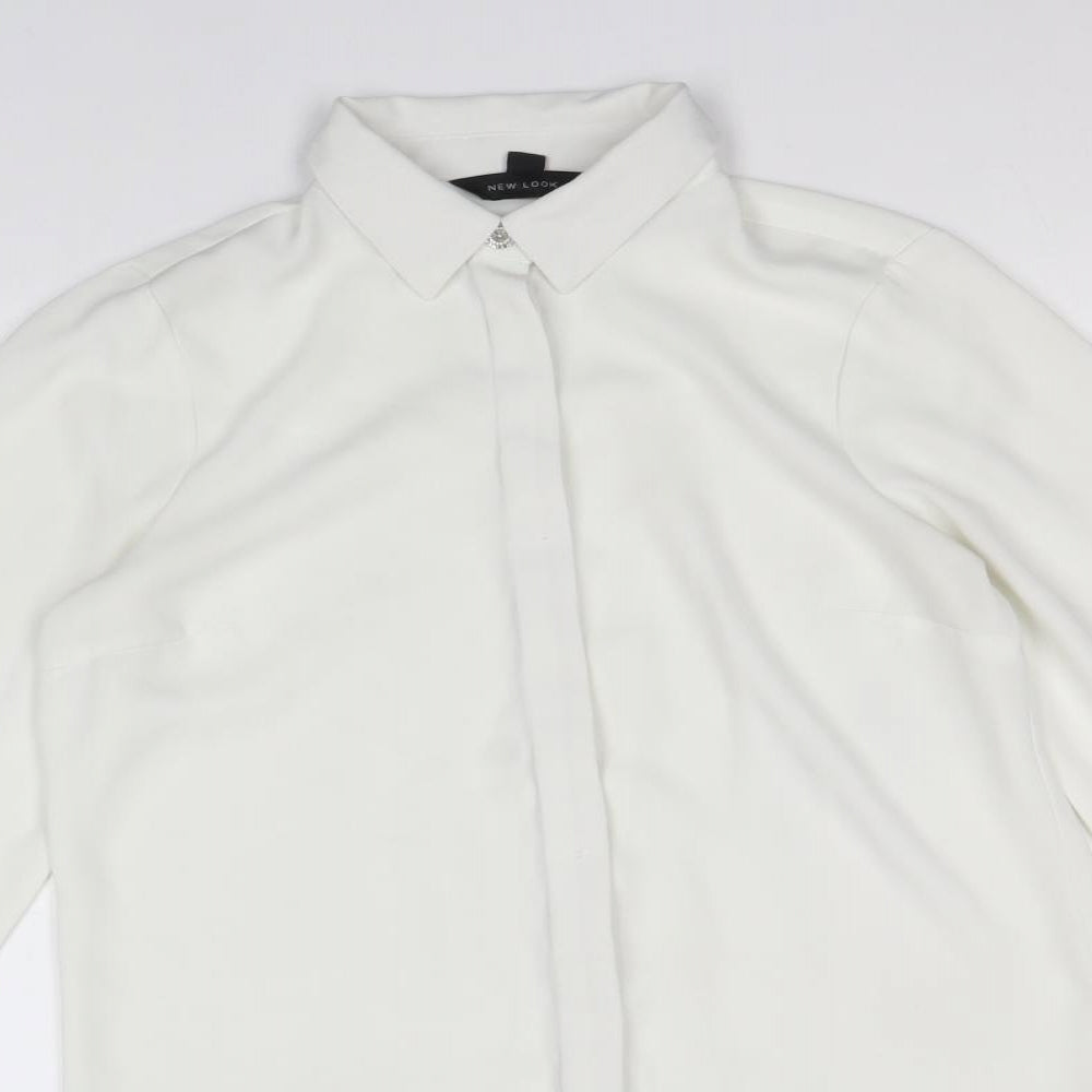 New Look Womens White Polyester Basic Button-Up Size 8 V-Neck