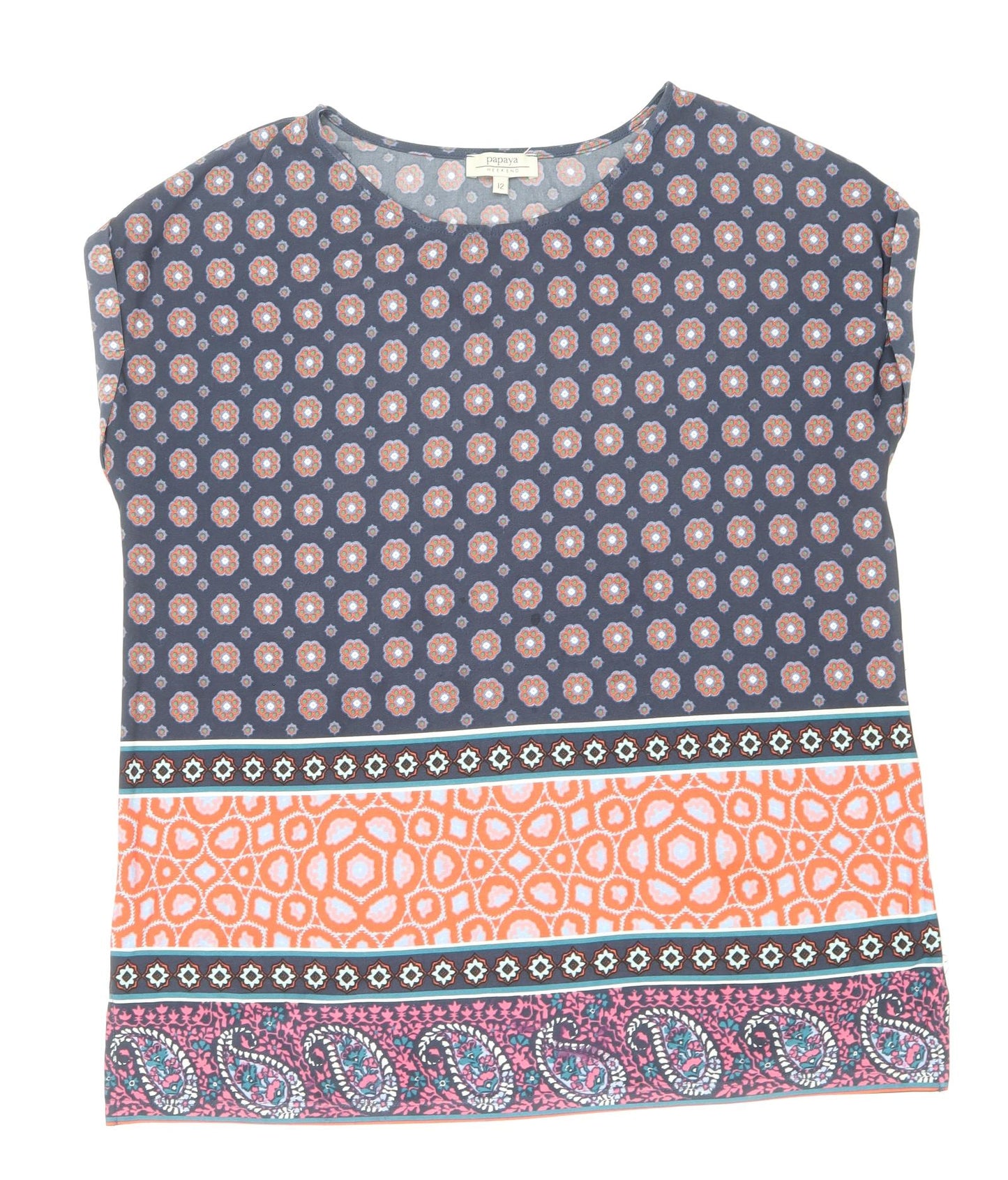 Papaya Womens Multicoloured Geometric Polyester Basic T-Shirt Size 12 Round Neck